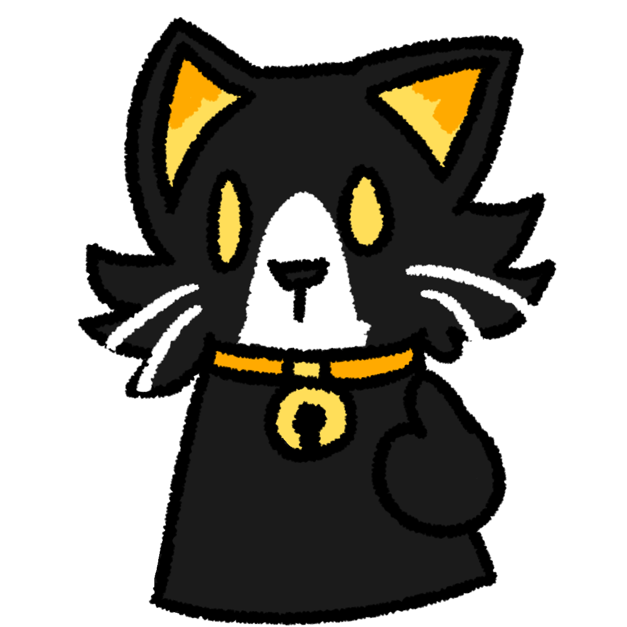 a black cat with a white muzzle pointing at kitself with kits right paw